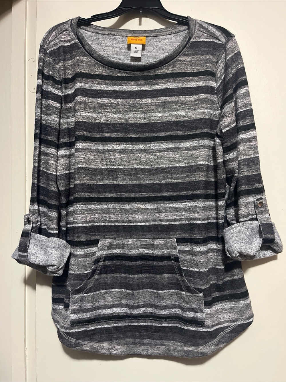 Ruby Rd. Gray & Charcoal Striped Roll-Sleeve Pullover